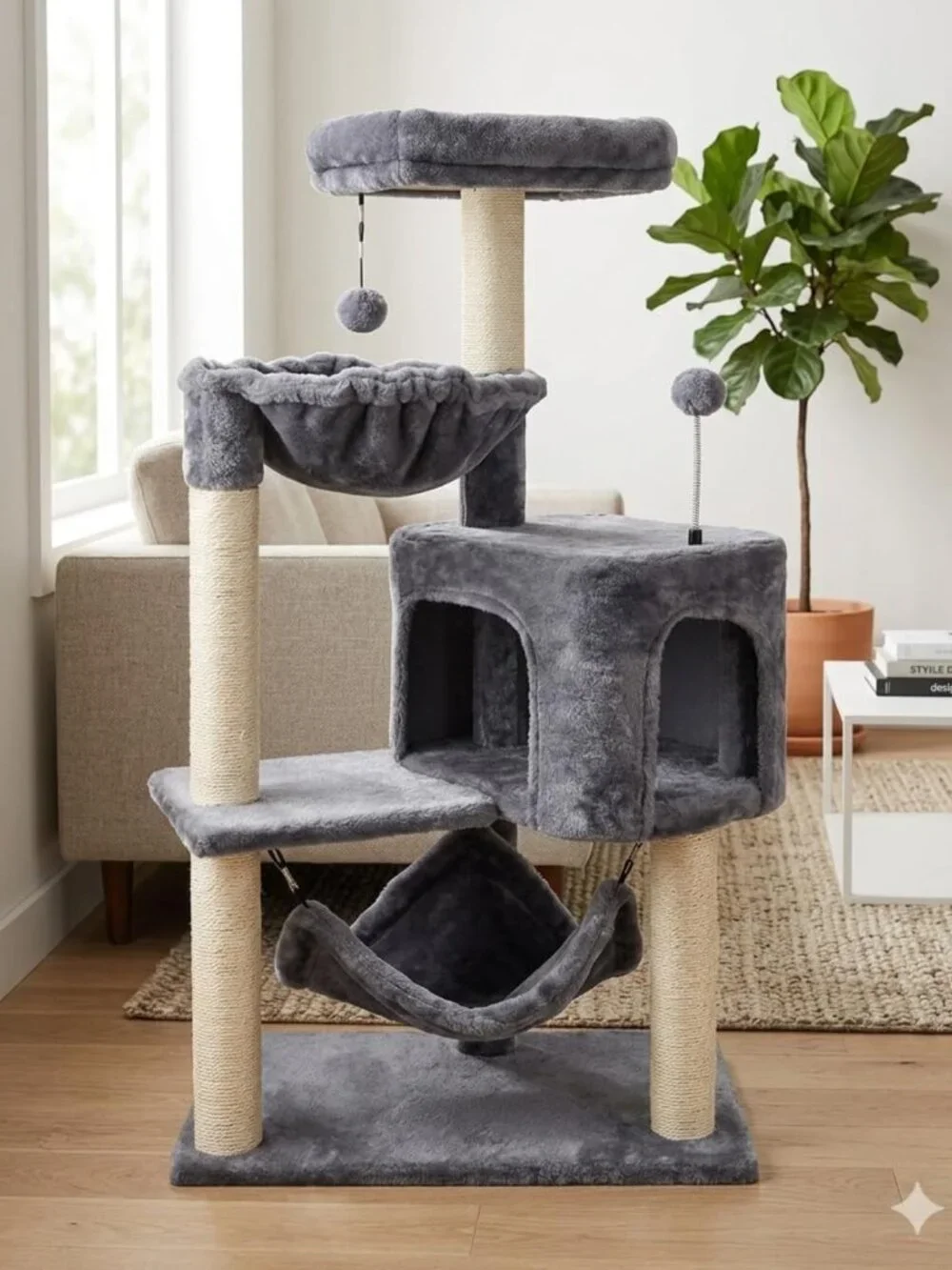 Cozy Cat Tree with Condo & Large Hammock - Grey, Perfect for Play & Relaxation